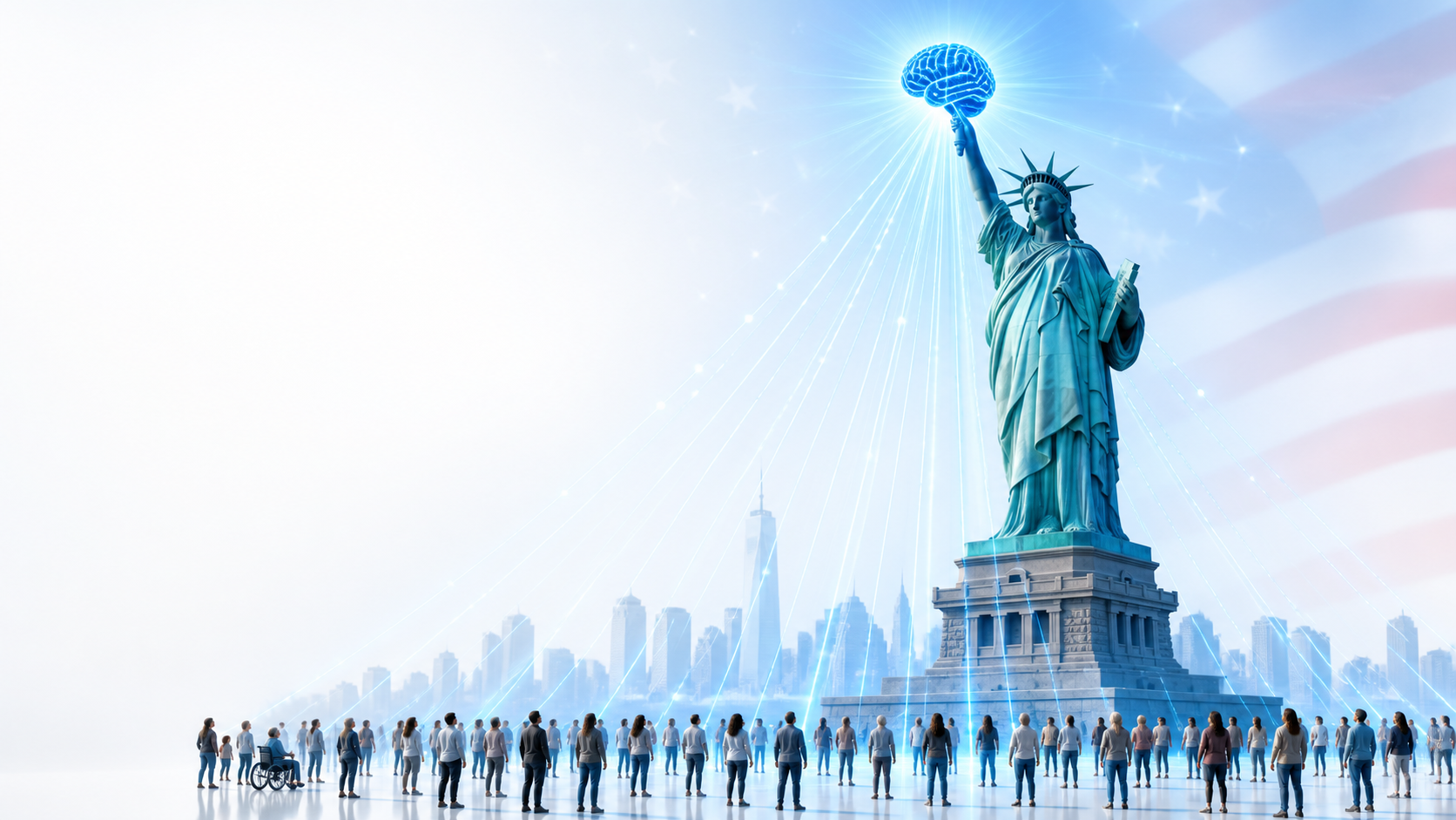 People in America stand beneath the Statue of Liberty as a glowing frontier AI brain shines within reach
