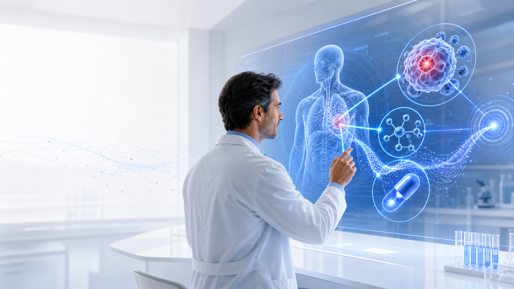 A doctor uses AI to connect a patient scan, diseased cells, molecules, and a precise new treatment pathway